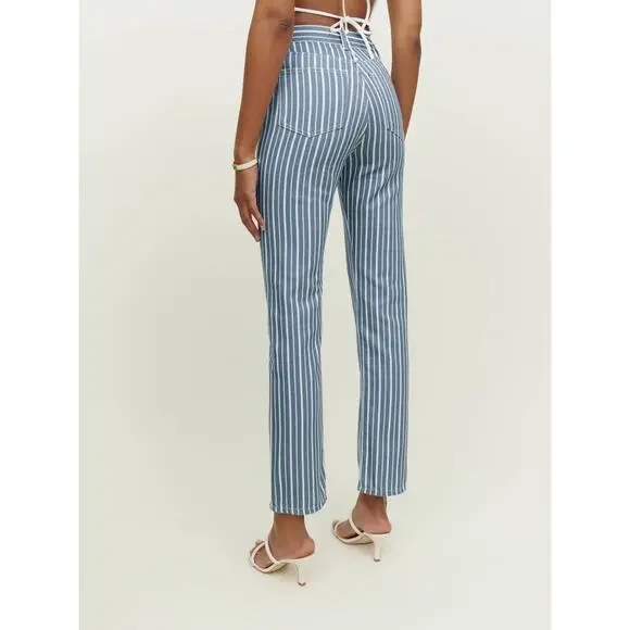 Reformation Jeans Blue Metro Stripe Cynthia Striped High Rise Straight Size 26 Straight Leg